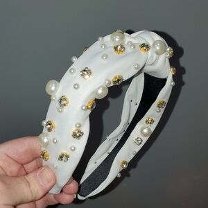 New handmade boutique rhinestone pearl top knot flexible wide headband white